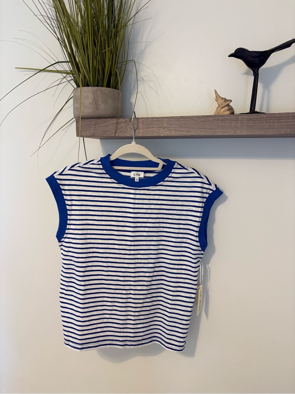 LA MIEL White and Blue Striped Sleeveless Tank Top nwt 95%cotton